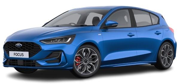New Ford Focus ST-Line X 2024 in Desert Island Blue- Side View (uk-car-discount.com)
